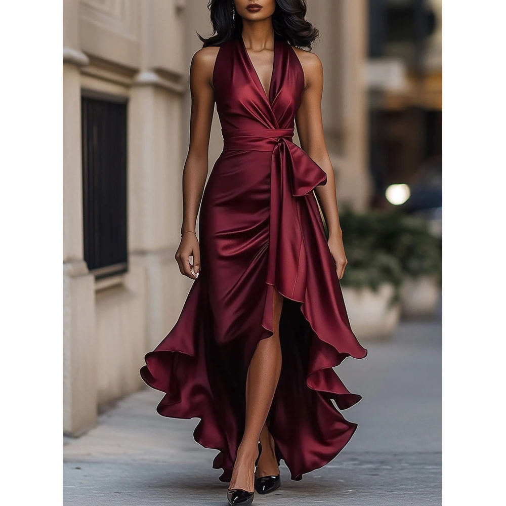 Women's satin halter dress in burgundy, front view, with side bow, front slit and ruffled hem.