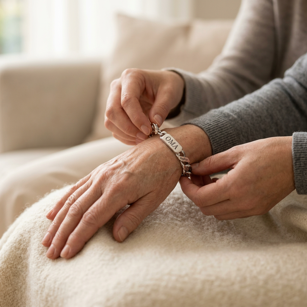 Silver-tone engraved chain bracelet being fastened on a wrist