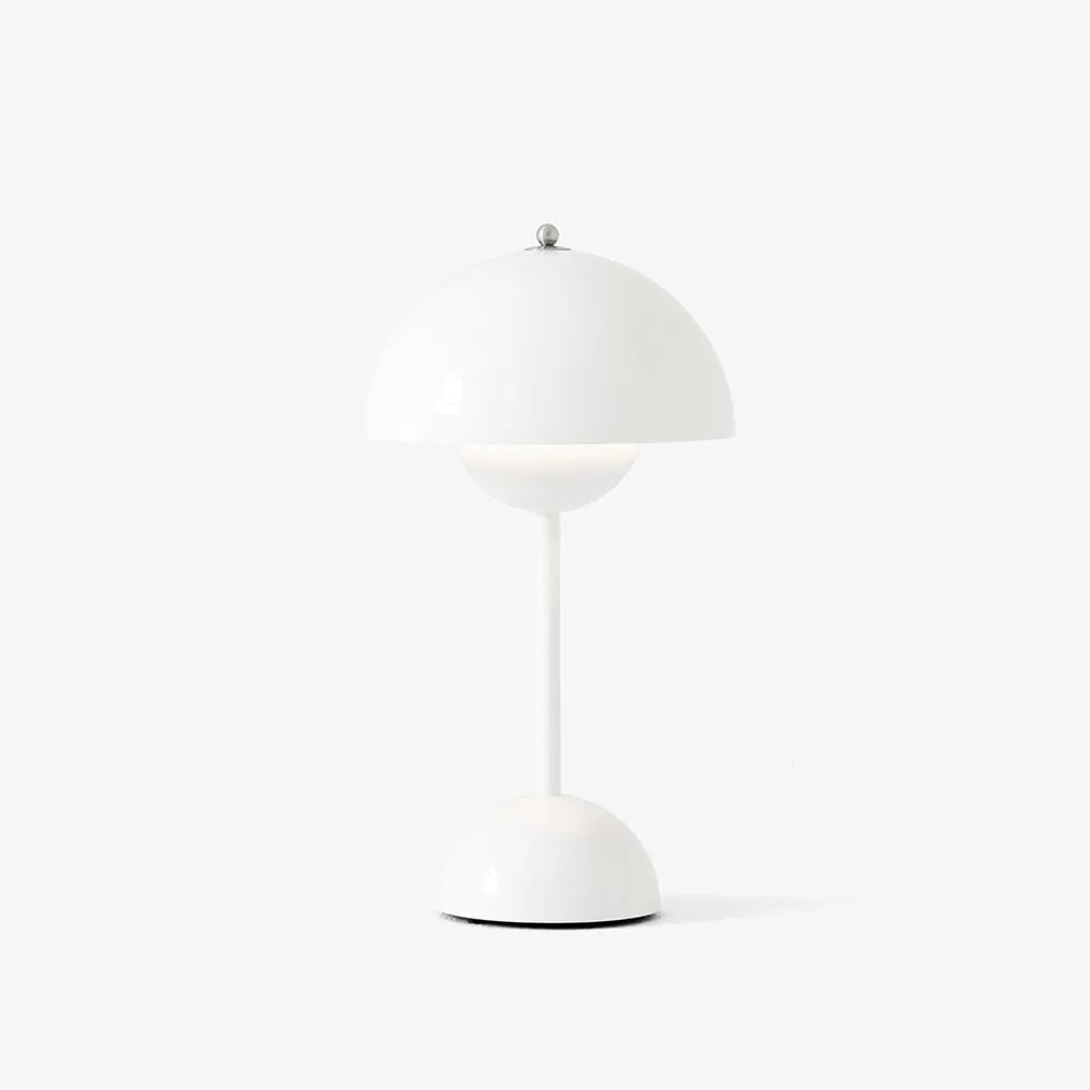 White rechargeable USB table lamp with a small metal knob on top against a plain white background.