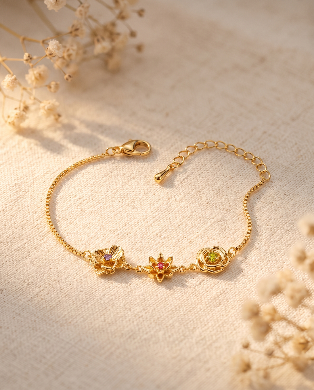 Gold birth flower bracelet with clasp, extender chain and three flower charms on cream linen.