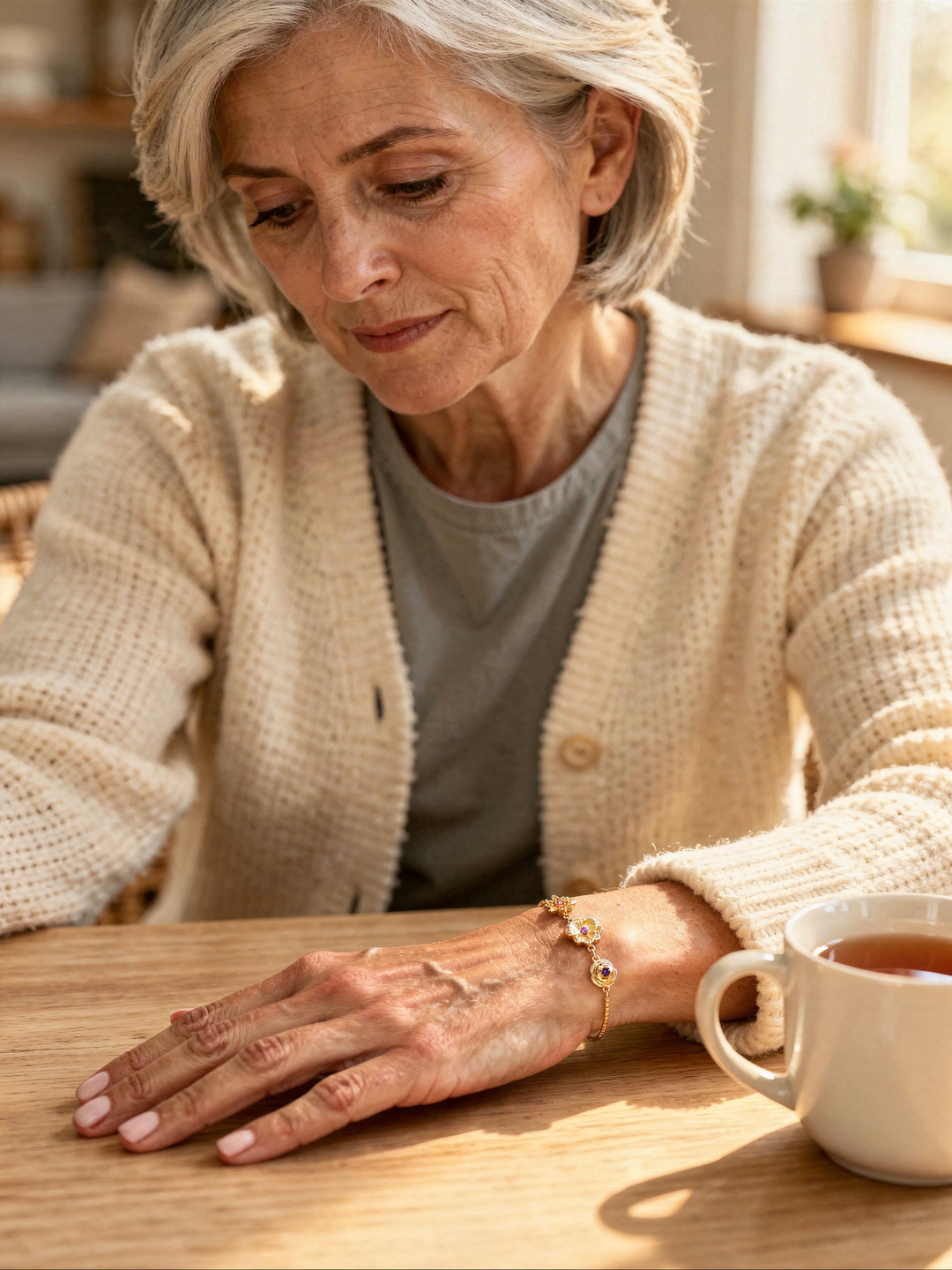 Older woman wearing the gold birth flower bracelet at a table with a cup of tea.