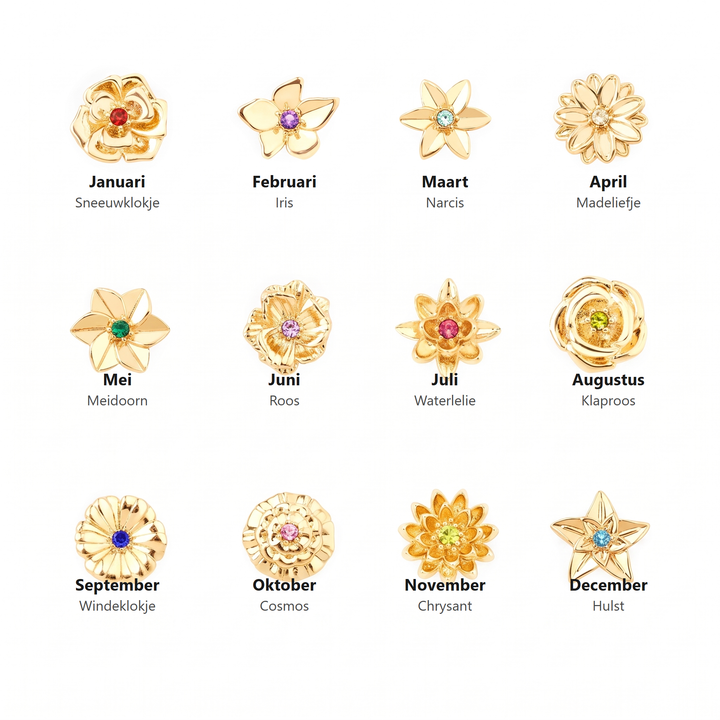 Grid of twelve gold flower charms with month names and colored center stones.