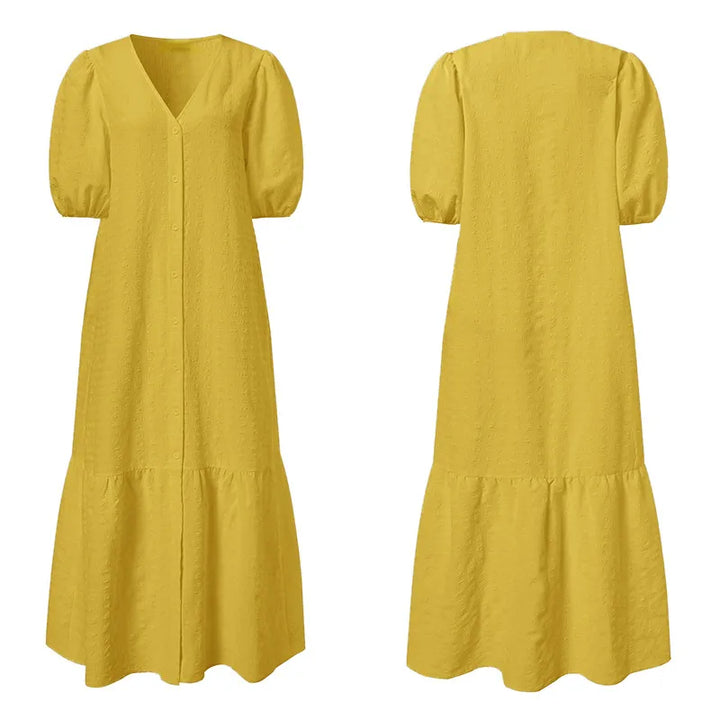Gelbes Damenkleid mit Puffärmeln, V-Ausschnitt, Knopfleiste, Sommermode, Baumwolle.