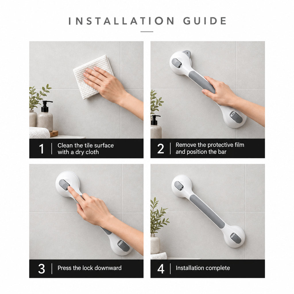 Four-step installation guide for the grab bar on a tile wall.