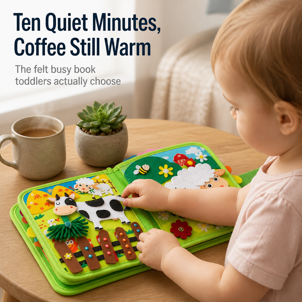 Felt Farm Quiet Book for Toddlers open with a felt cow on the meadow spread