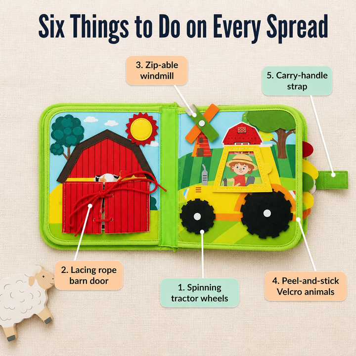 Felt Farm Quiet Book for Toddlers open with barn and tractor spread, detail