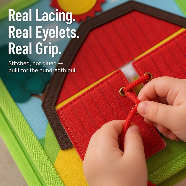 Felt Farm Quiet Book for Toddlers with a close-up detail of lacing on the barn door