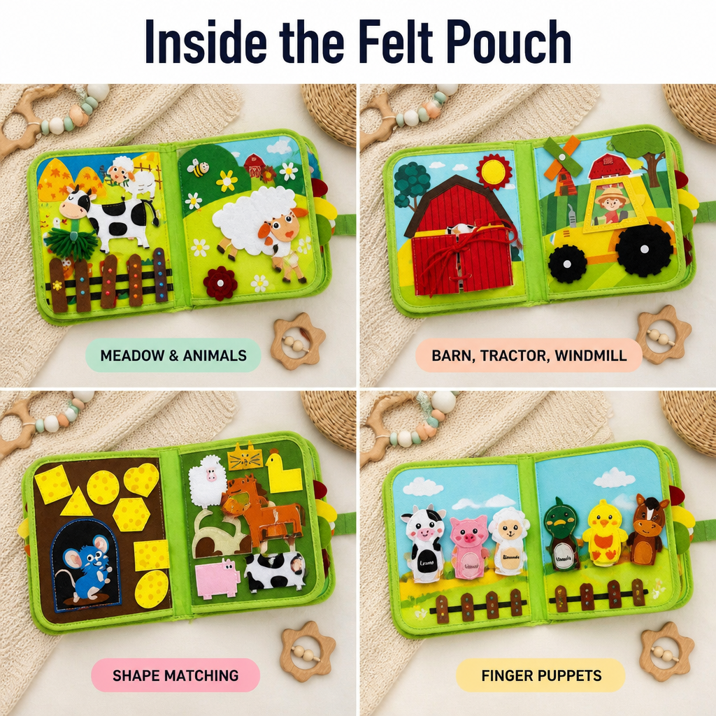 Felt Farm Quiet Book for Toddlers four-panel collage of the book spreads