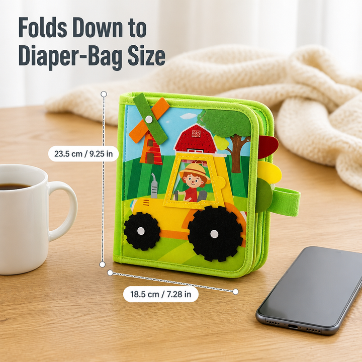 Felt Farm Quiet Book for Toddlers closed and standing upright, another view
