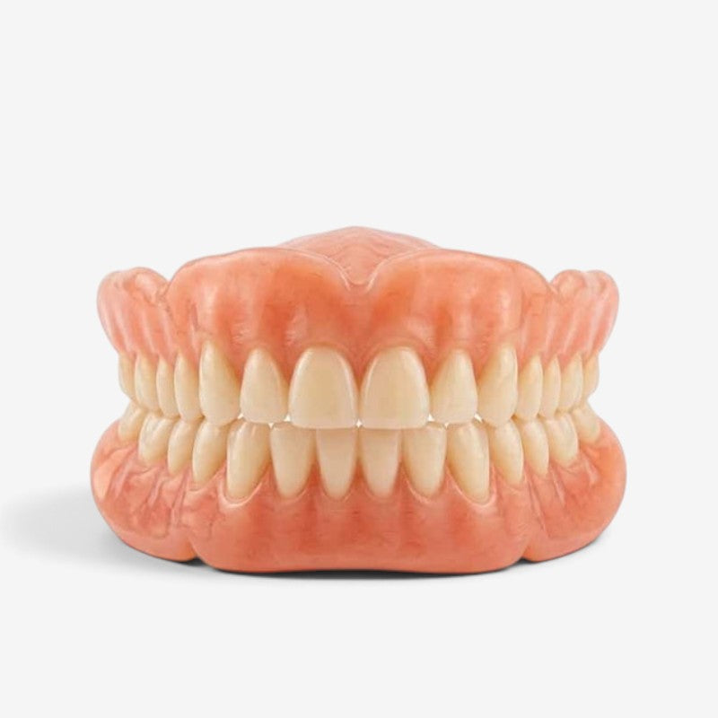 Removable Denture Set with upper and lower pink and white dental arches on a light background.