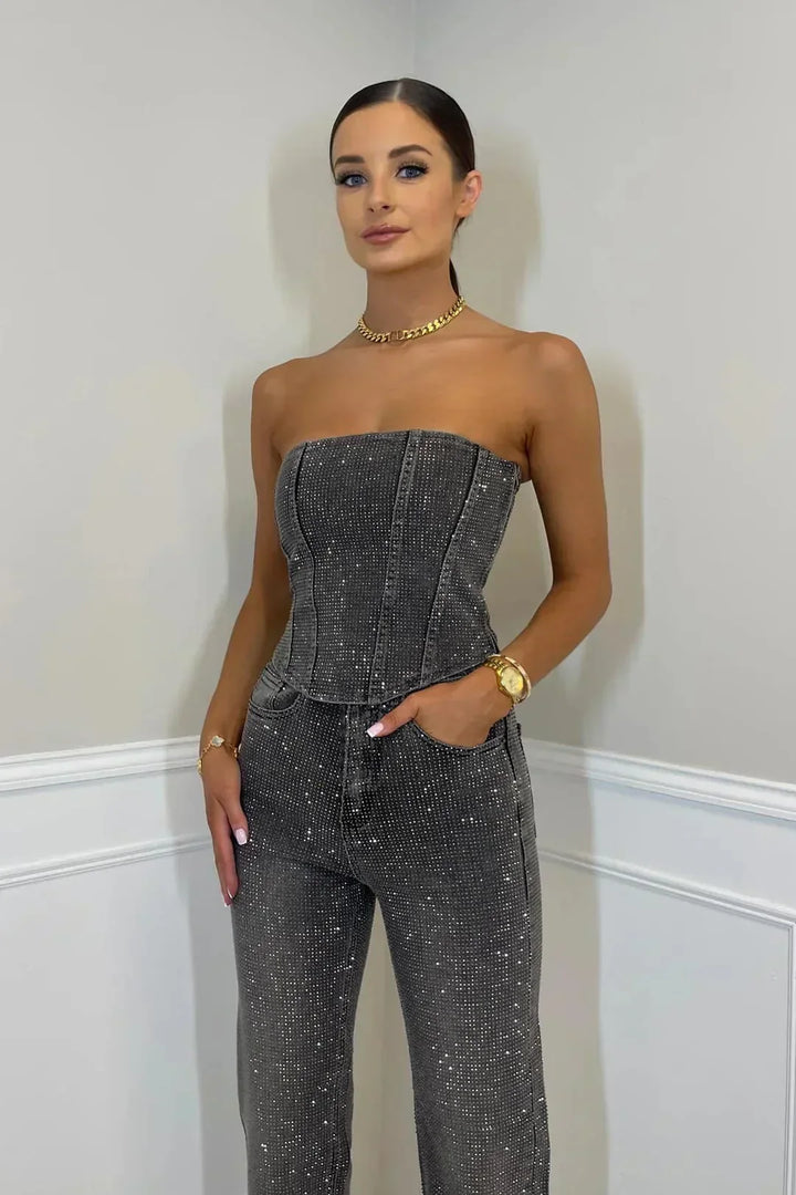Glittering women's trouser set with high-waist jeans – Liora-Black-S-Nora Luxe