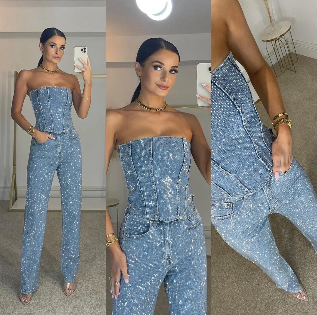 Glittering women's trouser set with high-waist jeans – Liora-Black-S-Nora Luxe