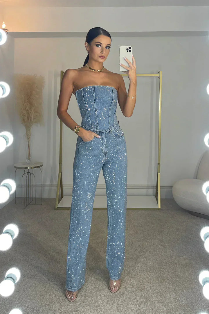 Glittering women's trouser set with high-waist jeans – Liora-Denim-S-Nora Luxe
