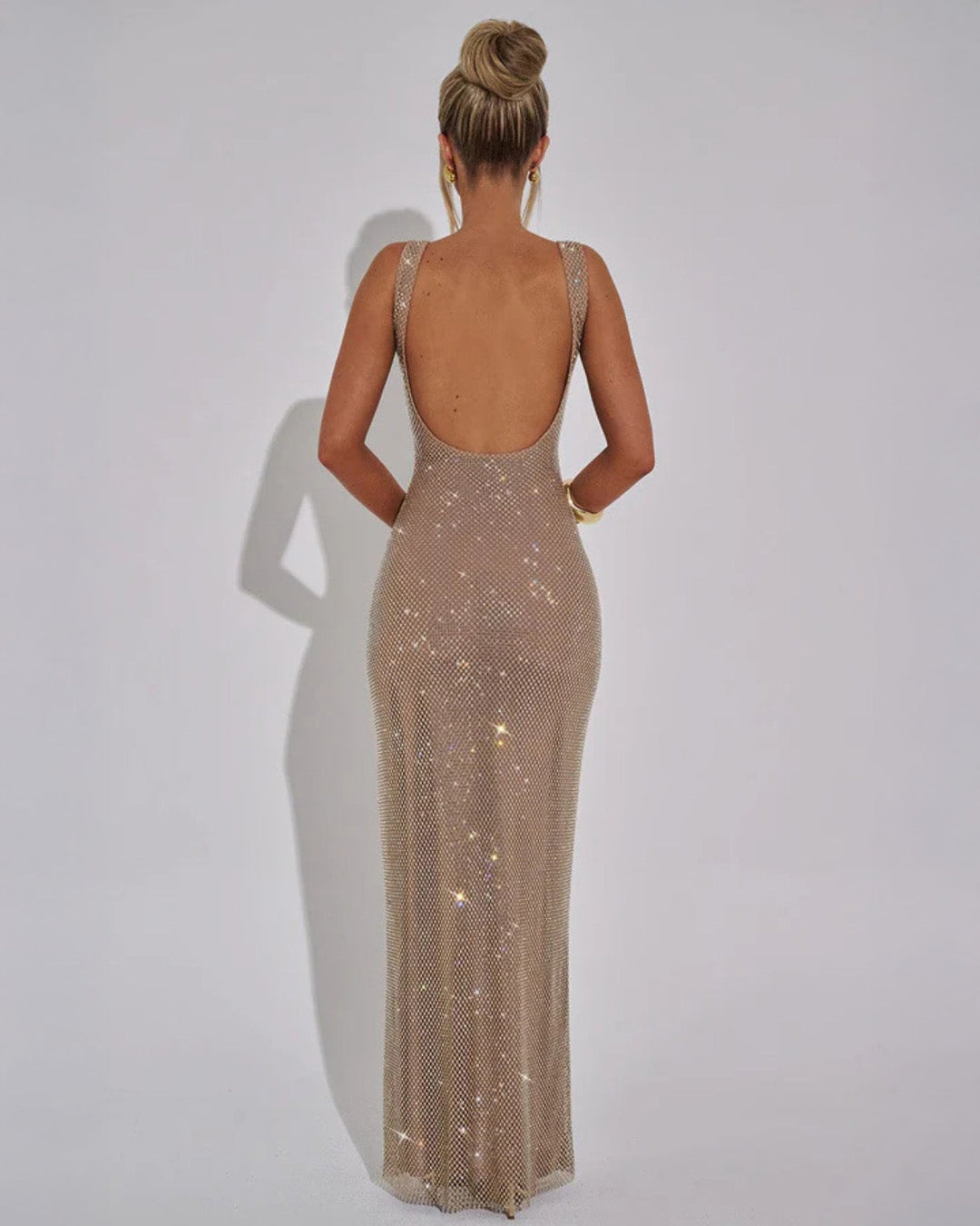 Straight rear view of the champagne-beige maxi dress, showing the deep open back, wide straps and rhinestone mesh falling to the floor. 4