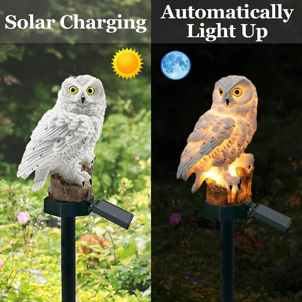 Split view of the white owl light unlit in daylight and glowing after dark.