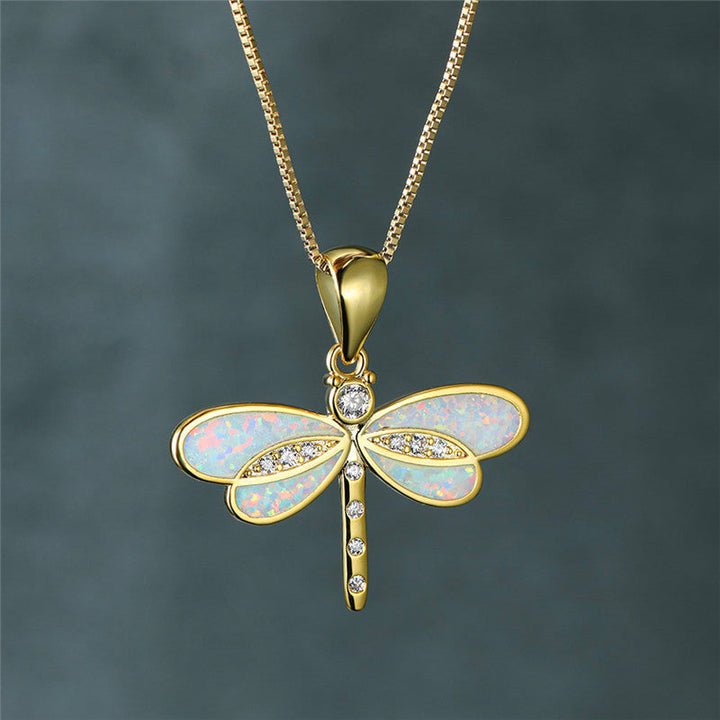 Golden Dragonfly Necklace with Opal - Isolde-White-Nora Luxe