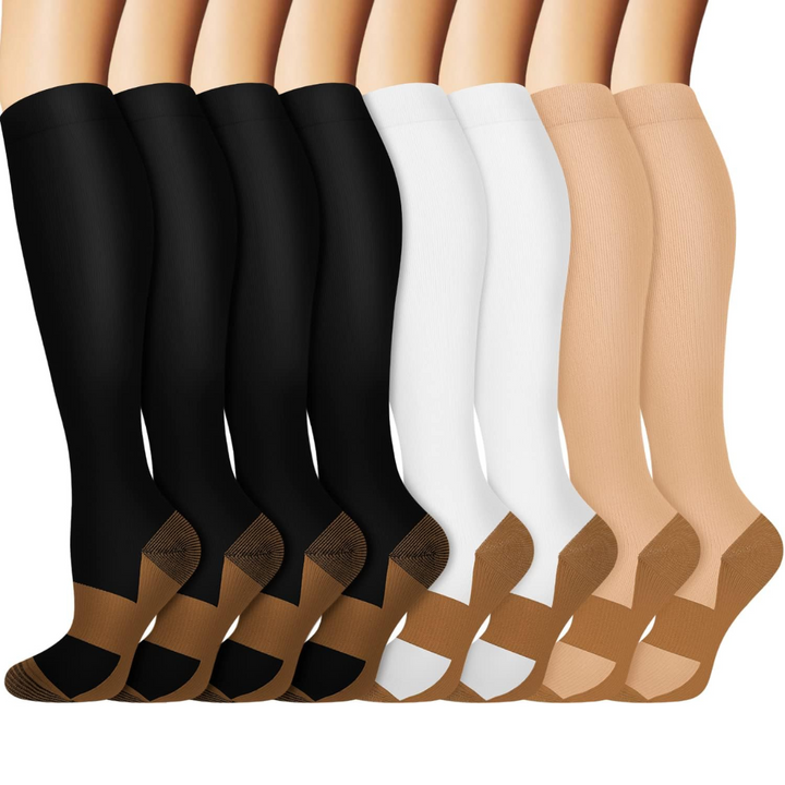 Gradual Compression Copper Socks 15-20mmHg (8 Pairs) - StepRelief-4 Black - 2 White - 2 Skin Tone-S-M-Nora Luxe