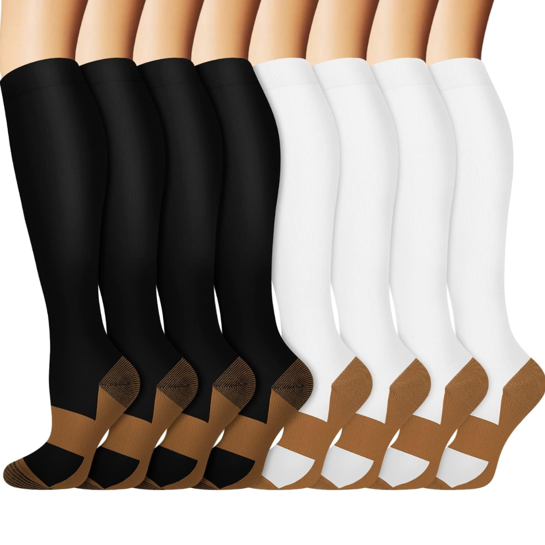 Gradual Compression Copper Socks 15-20mmHg (8 Pairs) - StepRelief-4 Black - 4 White-S-M-Nora Luxe