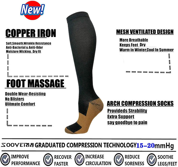 Gradual Compression Copper Socks 15-20mmHg (8 Pairs) - StepRelief-Black 1-S-M-Nora Luxe