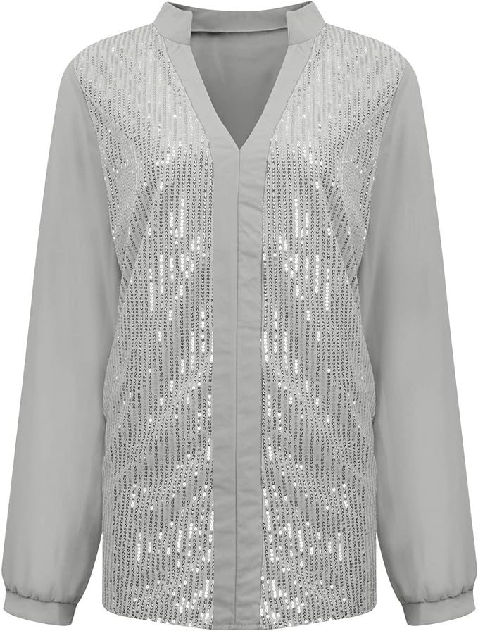 Graue Damenbluse mit Pailletten, V-Ausschnitt, lange Ärmel, elegant, festlich.