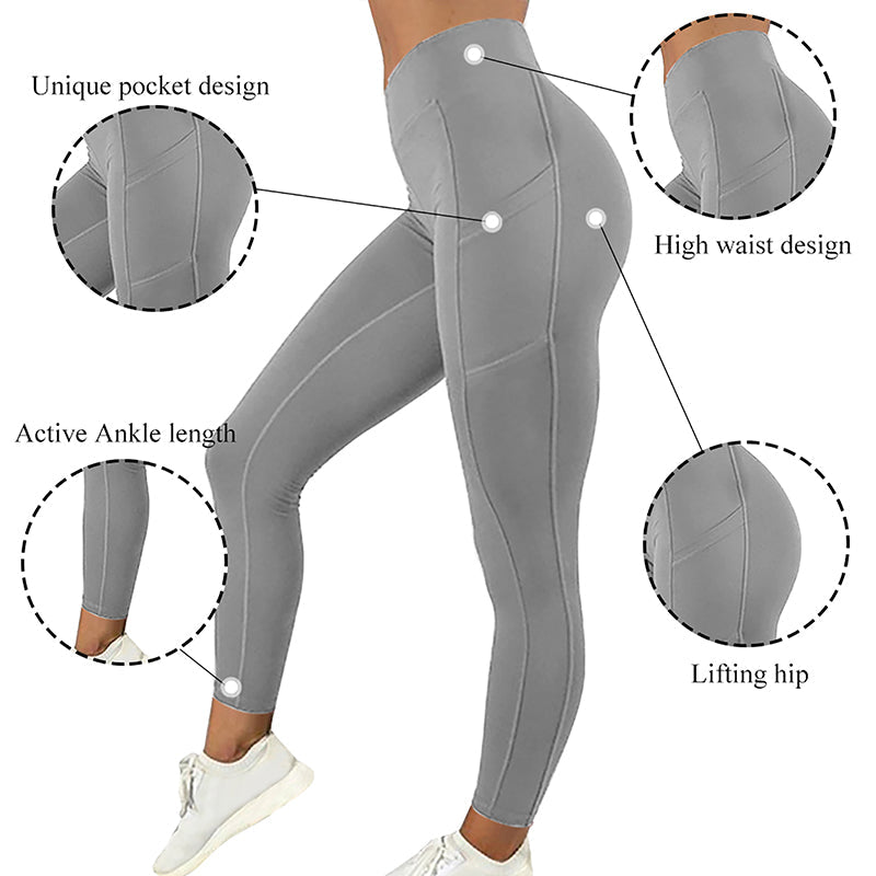 Graue Damen-Leggings mit hoher Taille, Taschen, knöchellang, figurformend, Sportbekleidung.