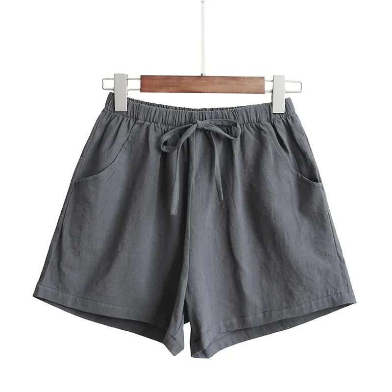 Graue Damen-Shorts aus Leinen mit Kordelzug, lässig, bequem, Sommermode.