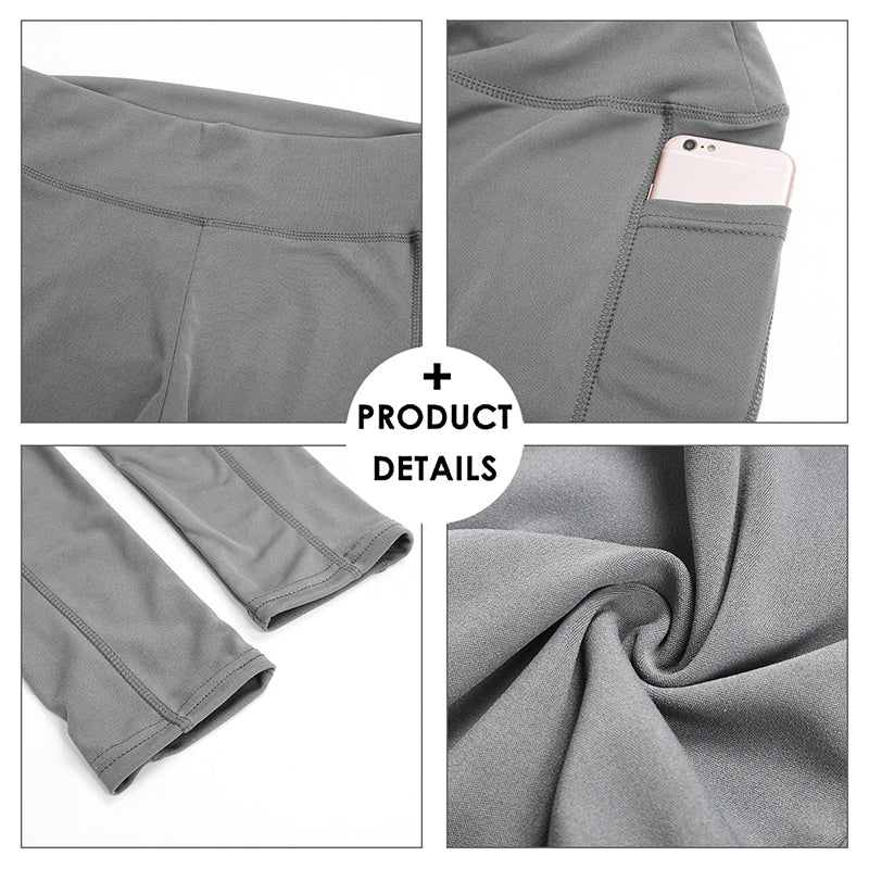 Graue Damen-Leggings mit Handytasche, elastisch, atmungsaktiv, Sportbekleidung.