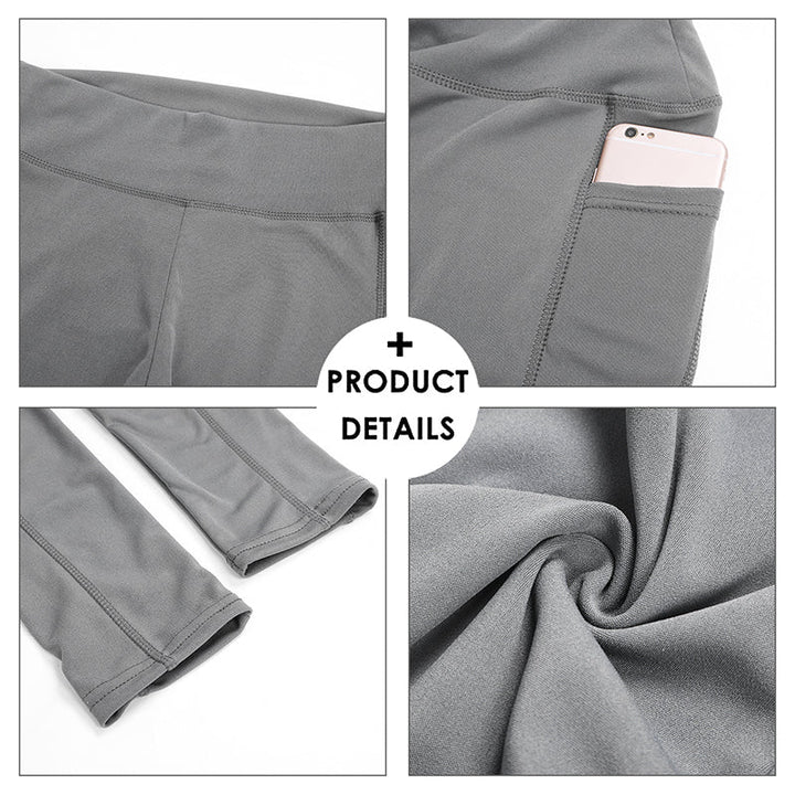 Graue Damen-Leggings mit Handytasche, elastisch, atmungsaktiv, Sportbekleidung.