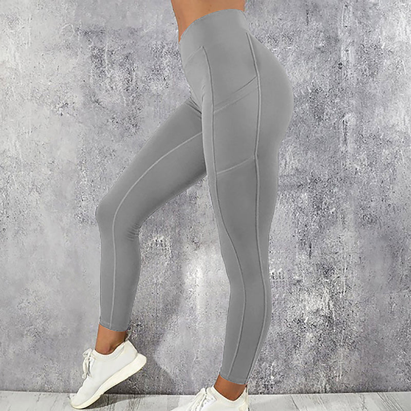 Graue Damen-Leggings, hohe Taille, Sportbekleidung, elastisch, bequem, Fitnessmode.