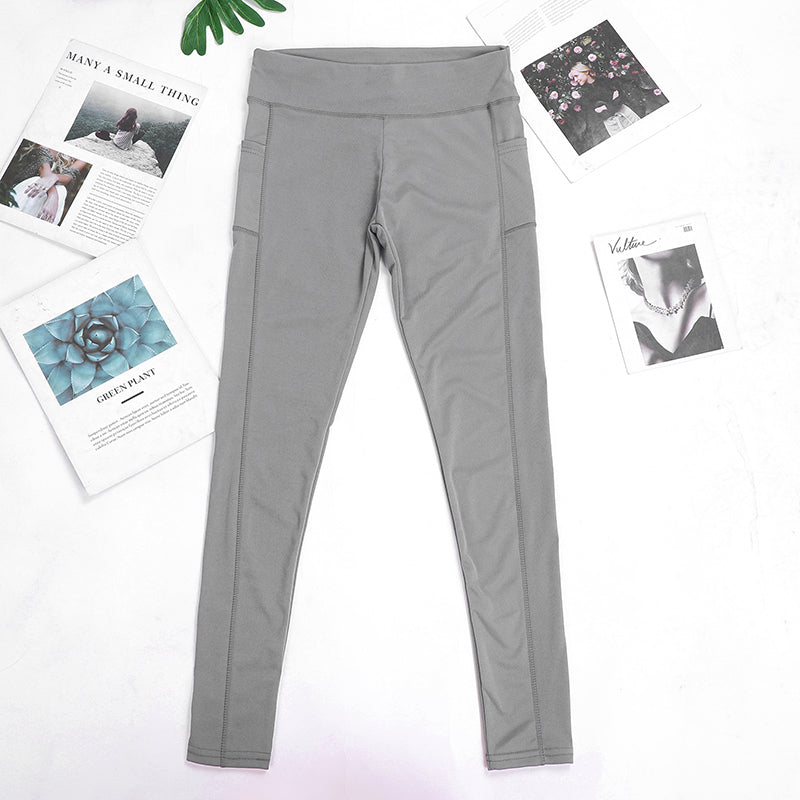 Graue Damen-Leggings mit Taschen, Sportbekleidung, elastisch, bequem, Fitnessmode.