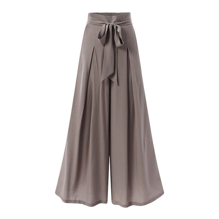 Graue Damen Palazzo-Hose mit hoher Taille und Schleife, elegant, weit geschnitten, aus Baumwolle.