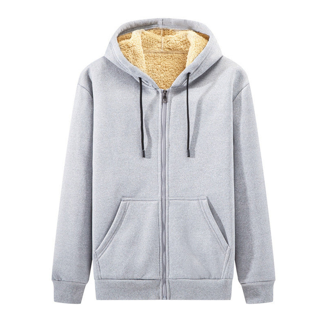 Grauer Kapuzenpullover mit Reißverschluss, Fleece-Innenfutter, Kängurutaschen, Unisex-Design.