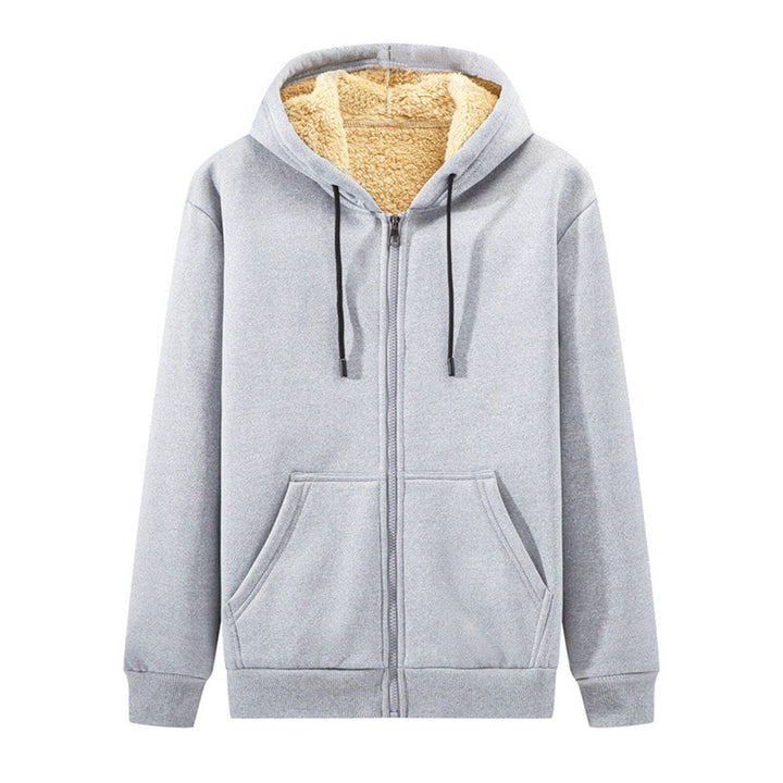 Grauer Kapuzenpullover mit Reißverschluss, Fleece-Innenfutter, Kängurutaschen, Unisex-Design.