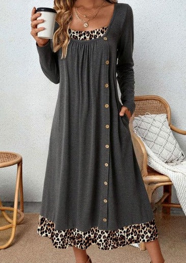 Grey A-line dress with leopard print - Hazel-S-Nora Luxe