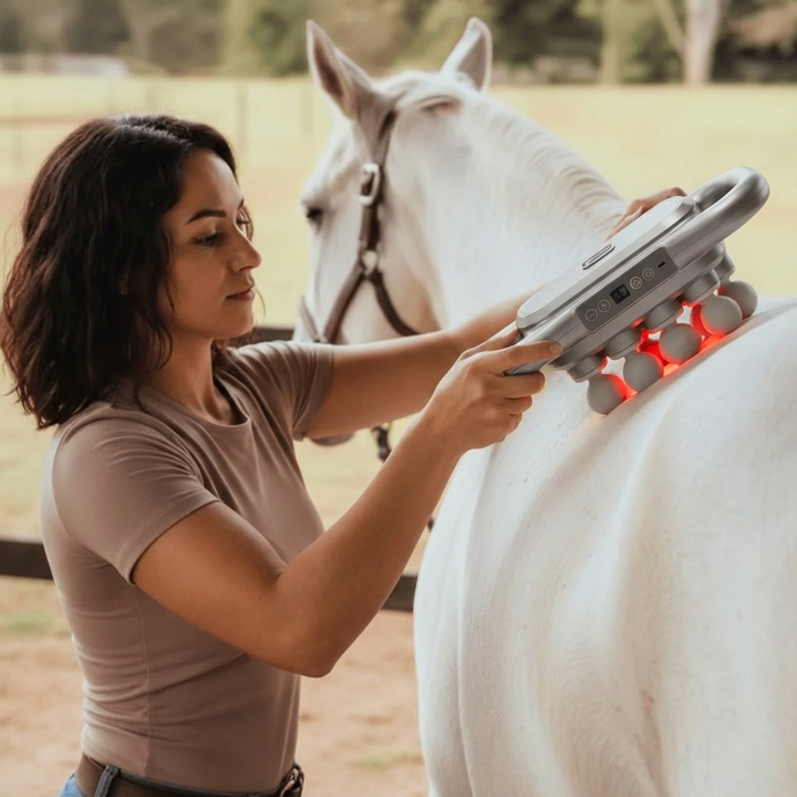 Woman holding the grey handheld device against a white horse's back, with the massage heads glowing red.