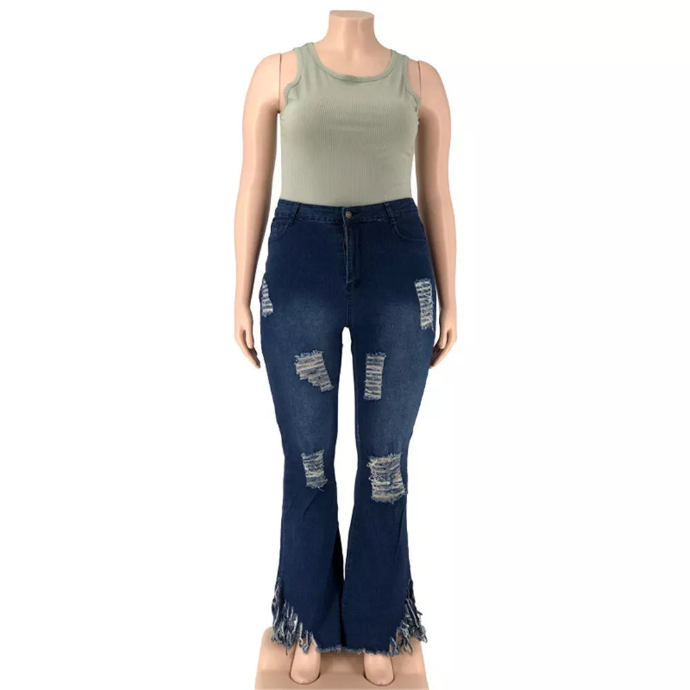 Damen-Jeans mit Schlag, zerrissen, blau, modisch, Baumwolle, lässig, für Freizeitkleidung.