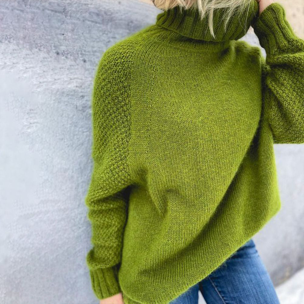 Grüner Strickpullover Damen, Rollkragen, weiches Material, modisch, Herbstmode, gemütlich.