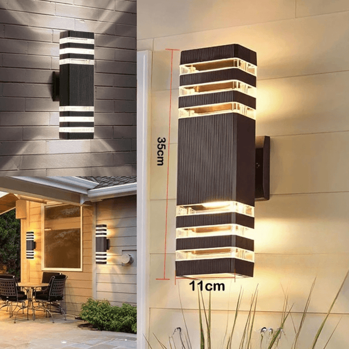 Black rectangular wall sconce detail with dimensions and installation views.