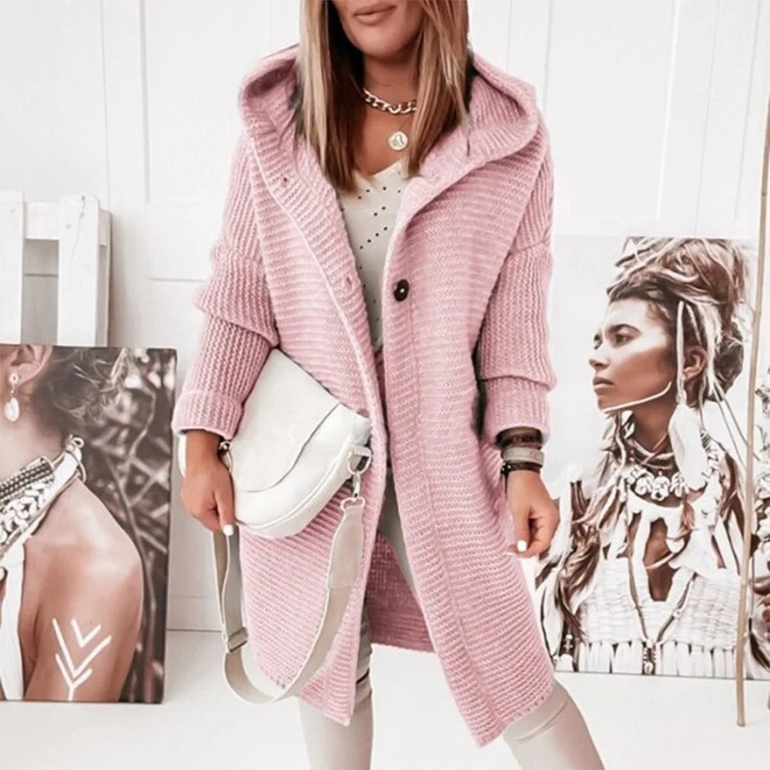 Half-length Knitted Women's Cardigan with Button Closure and Hood - Mila-Light Pink-S-Nora Luxe
