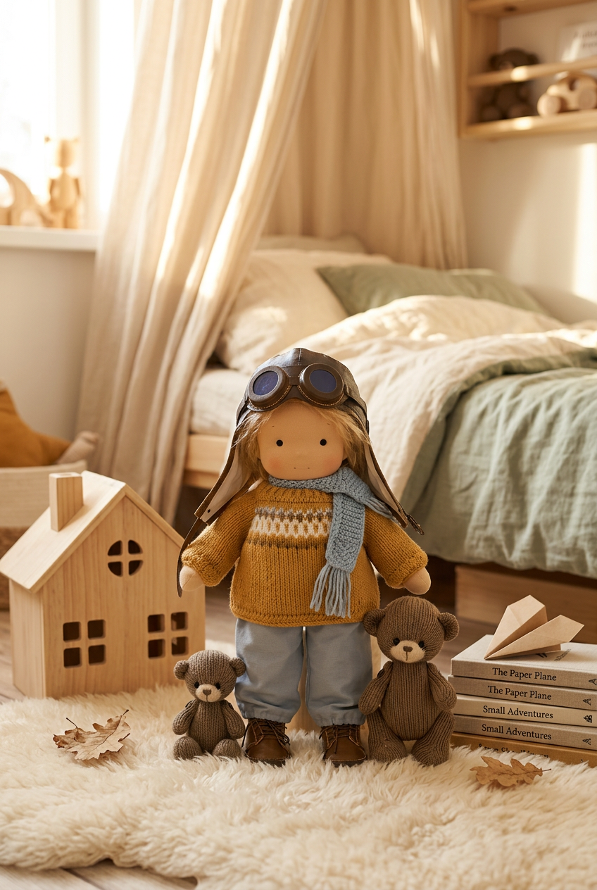 Doll in aviator cap, goggles, mustard knit sweater and blue scarf standing with two knitted bears in a cozy bedroom 1
