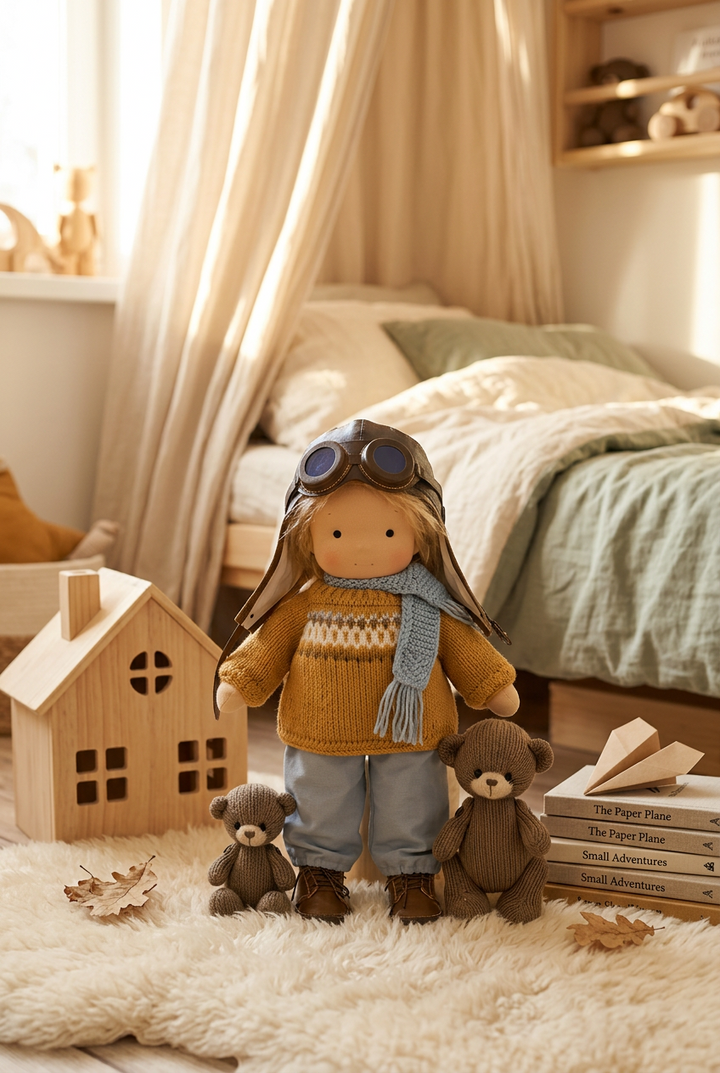 Doll in aviator cap, goggles, mustard knit sweater and blue scarf standing with two knitted bears in a cozy bedroom 1