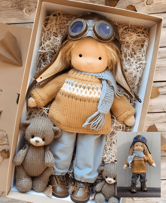 Boy doll in aviator cap and goggles, mustard knit sweater and blue scarf, boxed with two knit teddy bears 2