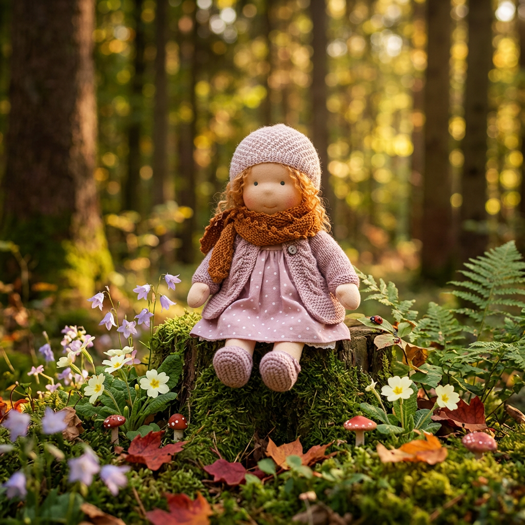 Cloth doll with curly hair in a pink knit hat and rust scarf, sitting on a mossy forest stump 1