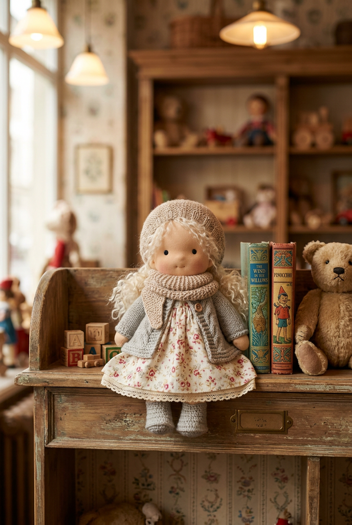 Cloth doll with curly cream hair, knit beanie, scarf and gray cardigan sitting on a vintage toy shelf 1