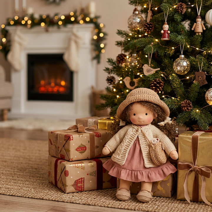 Curly-haired soft doll in straw hat and pink dress sits among wrapped gifts beside a lit Christmas tree 1