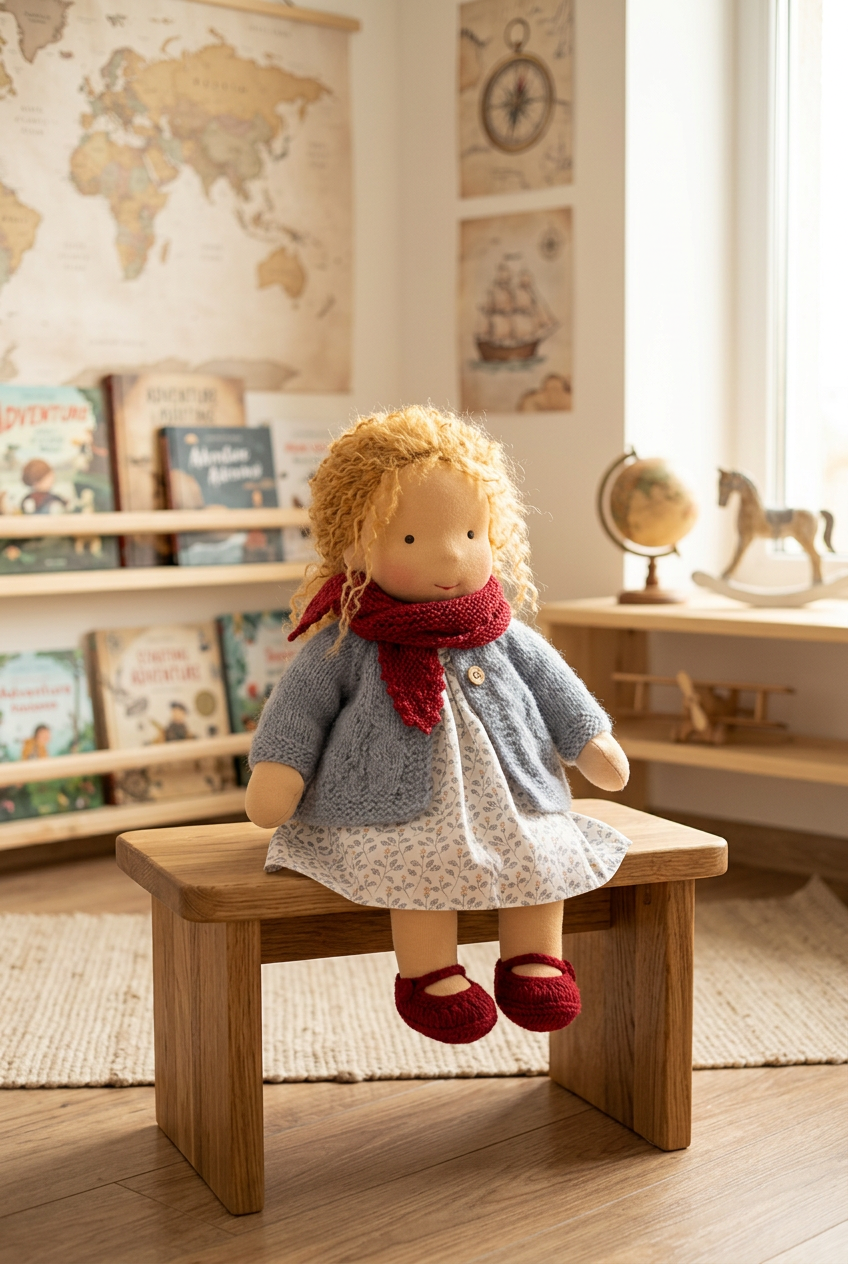 Curly-haired fabric doll in gray knit cardigan, red scarf and shoes sits on a wooden stool 1