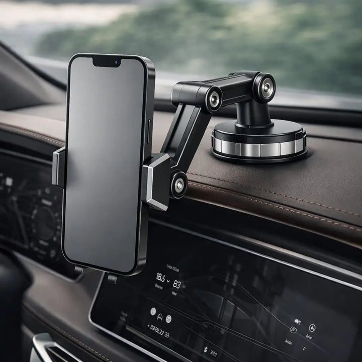 Car phone mount detail with a phone clamped on a brown leather dashboard.