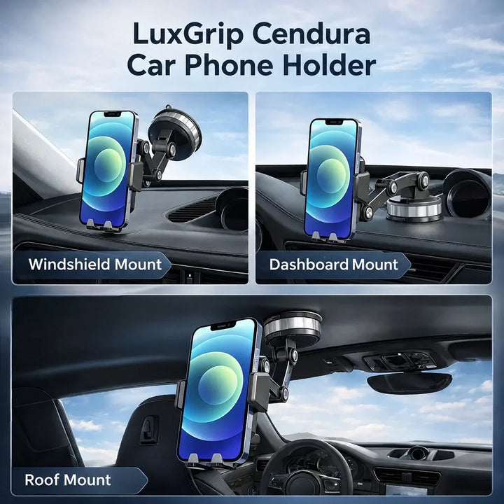 Car phone mount another view installed on a windshield, dashboard and car roof.