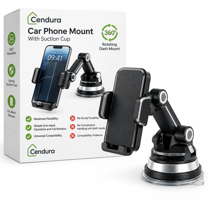 Car phone mount another view beside the retail box and clear suction cup base.