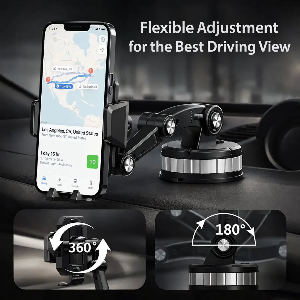 Car phone mount another view mounted on a dashboard holding a phone with a map.